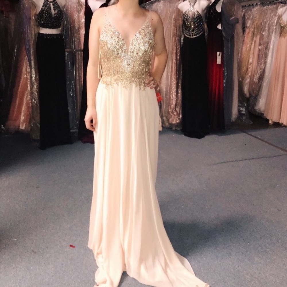 Pastel pink prom dress w/ gold & silver detailing